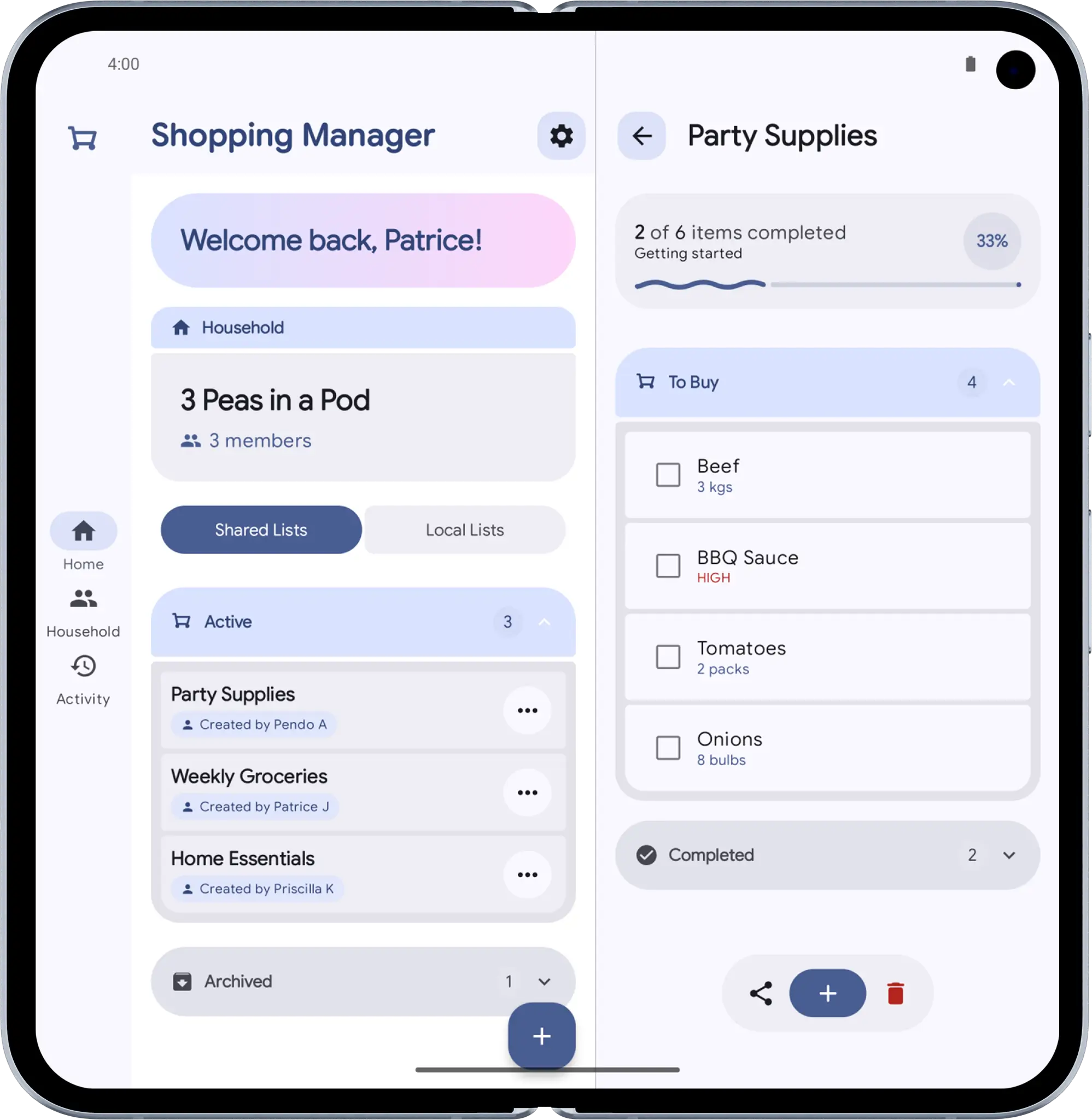 Shopping Manager running on unfolded Galaxy Z Fold
