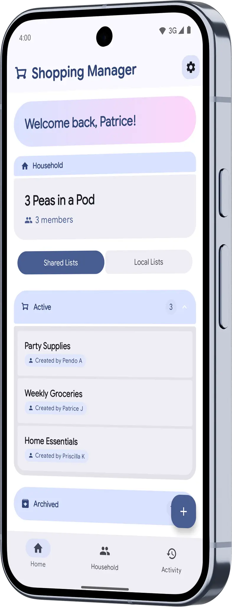 Shopping Manager primary lists screen